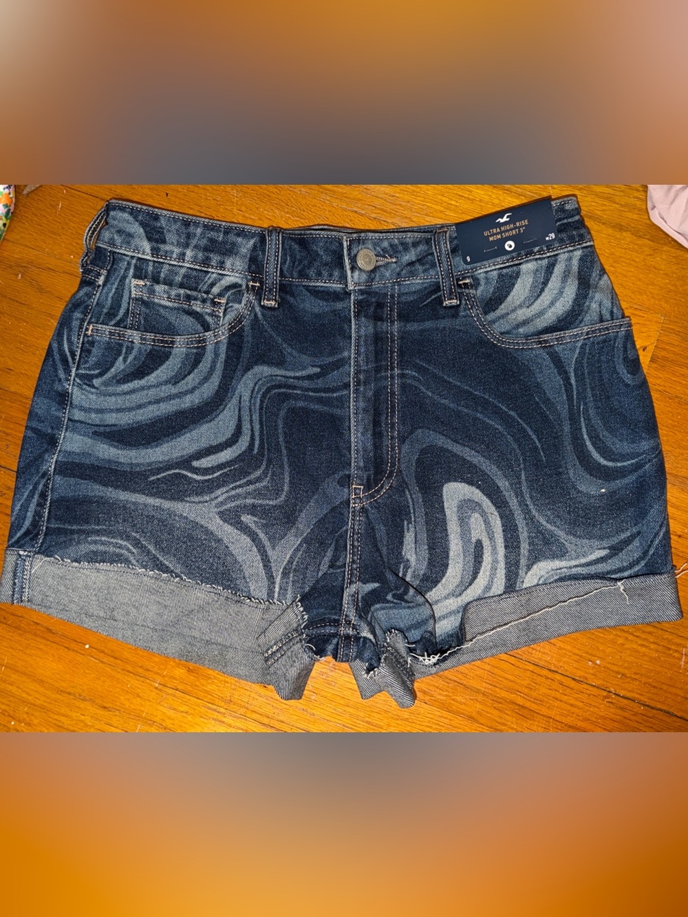 Hollister Dark Blue Swirl Marble Denim Roll-Cuff Shorts
